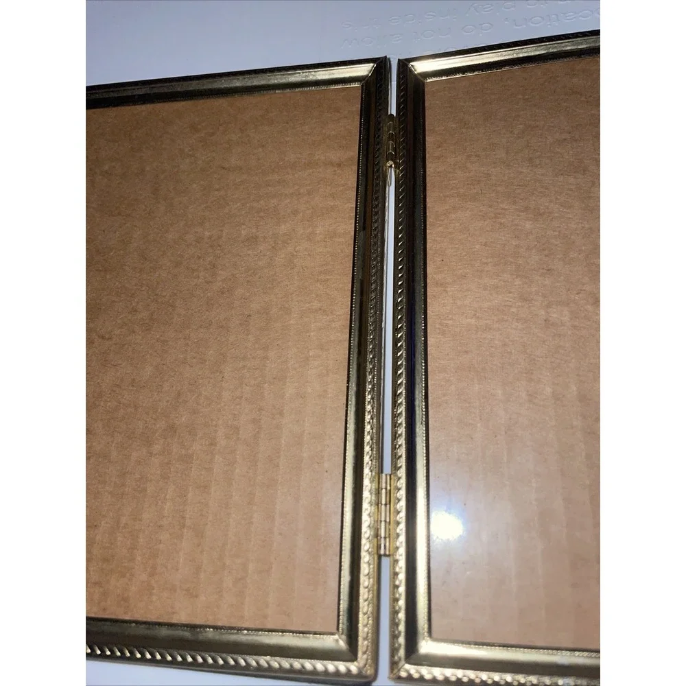 Vintage Hinged Double Photo Picture Frame Gold Tone Metal Mid Century MCM  5x7